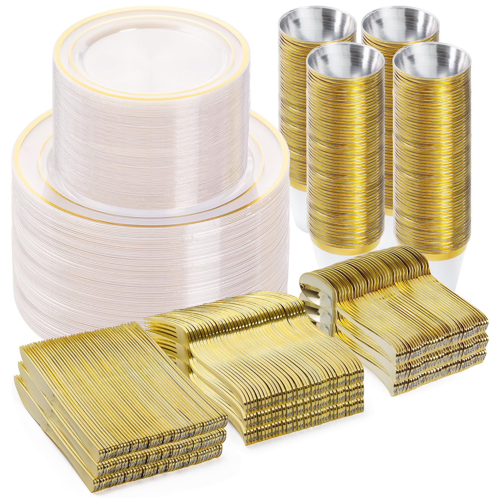 600-Piece Clear Gold Plastic Dinnerware Set for 100 Guests - Disposable Plates, Dessert Plates, Cups, Spoons, Forks & Knives - Perfect for Parties, Christmas, New Year & Special Events