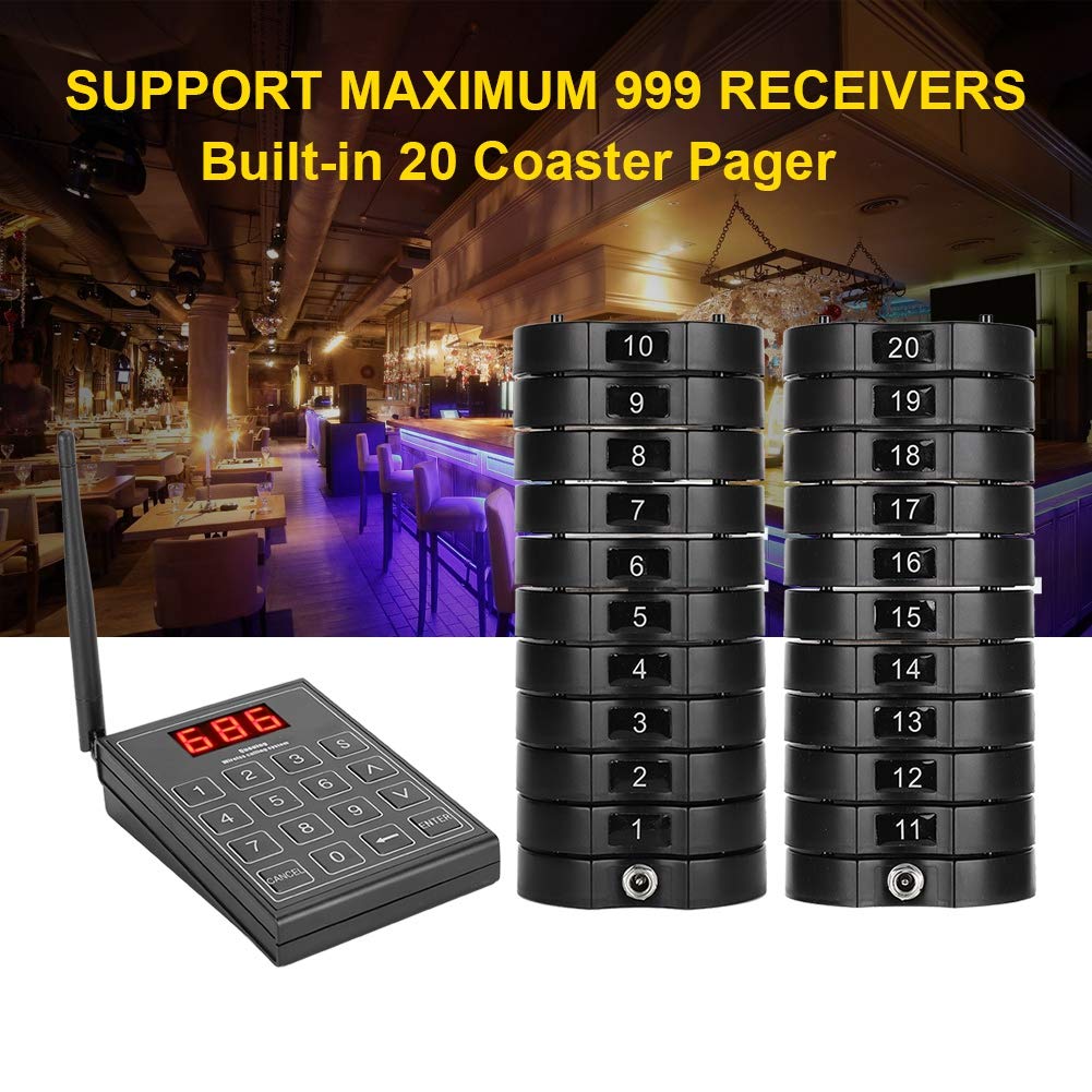 668-S Wireless Calling System - 1 Keypad Sender & 20 Coaster Pagers for Restaurants, Fast Food & Cafes | Wireless Guest Pager for Efficient Customer Service | Perfect for Dining, Takeout & Queue Management (US)