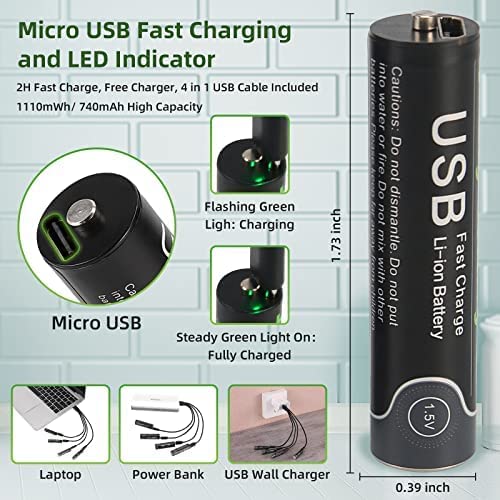 Rechargeable AAA Lithium Batteries 4-Pack - 1110mWh High Capacity 1.5V Li-ion Triple A Batteries with 2H Fast Charge USB Cable, 1200+ Cycles for VR Headsets, RC Cars, Toys, Keyboards & Electronic Devices