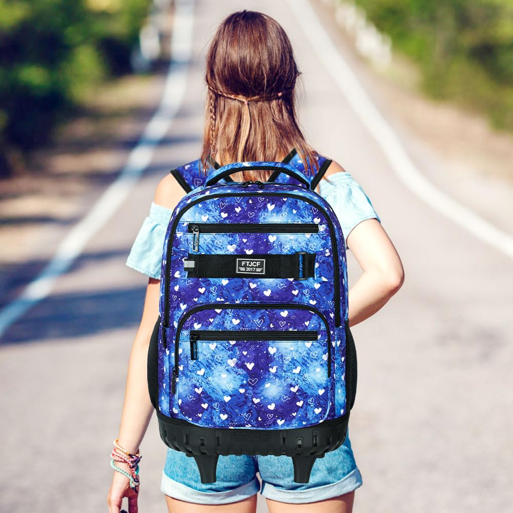 3Pcs Rolling Backpack for Girls & Women - 19 Inch Wheeled Bookbag with Lunch Box & Wheels - Perfect for School, Travel & Work (Blue)