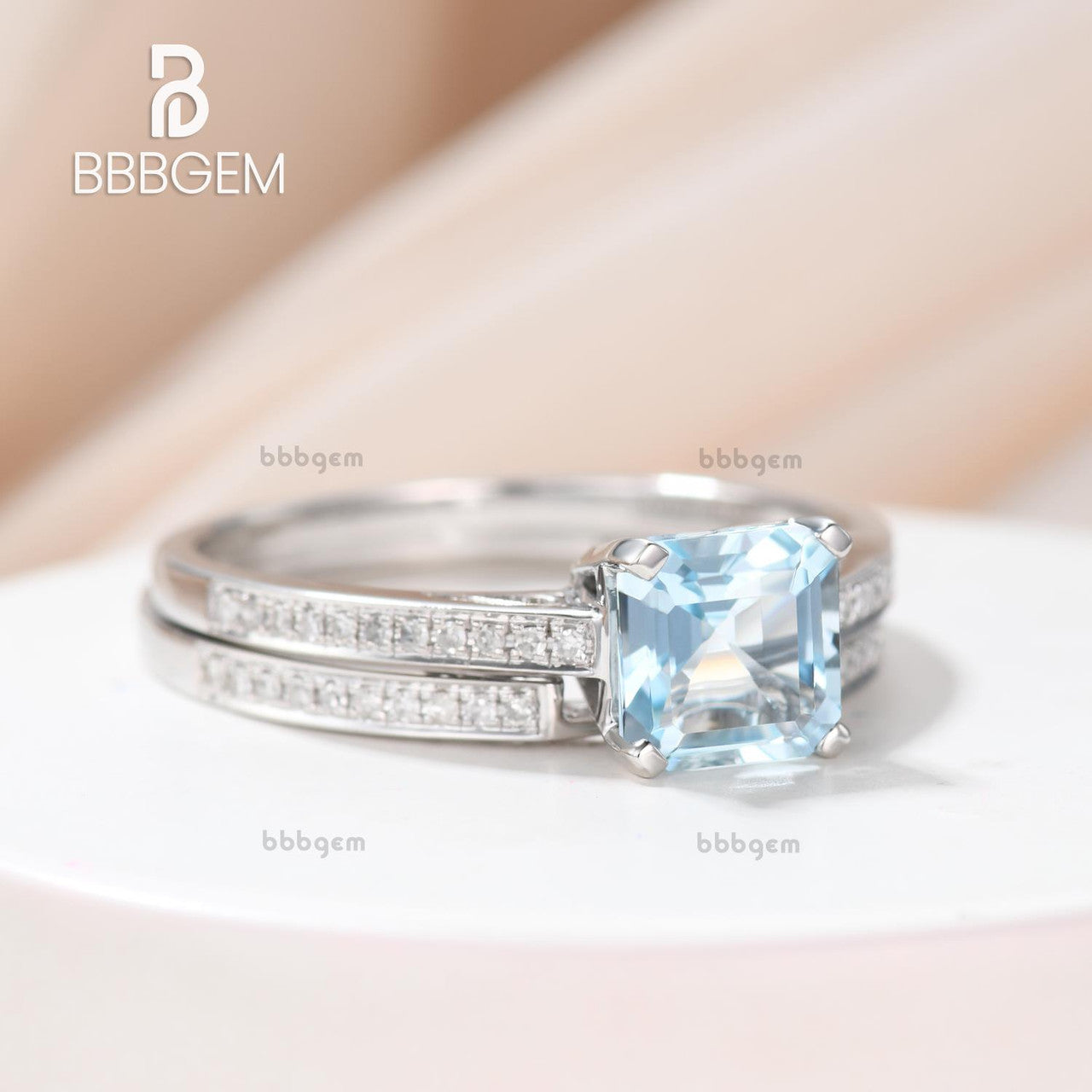 Exquisite Asscher Cut Aquamarine Engagement Ring Set in Solid 14K White Gold | Handmade Diamond Wedding Band & Stackable Ring | 6.5mm March Birthstone Jewelry | Perfect for Proposals, Anniversaries & Special Occasions