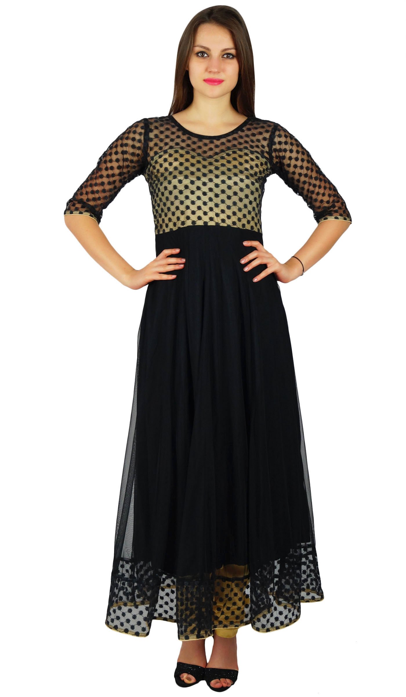 Bimba Women's Black Net Anarkali Kurta Kurti - Long Formal Party Dress Indian Ethnic Wear for Weddings, Festivals & Special Occasions