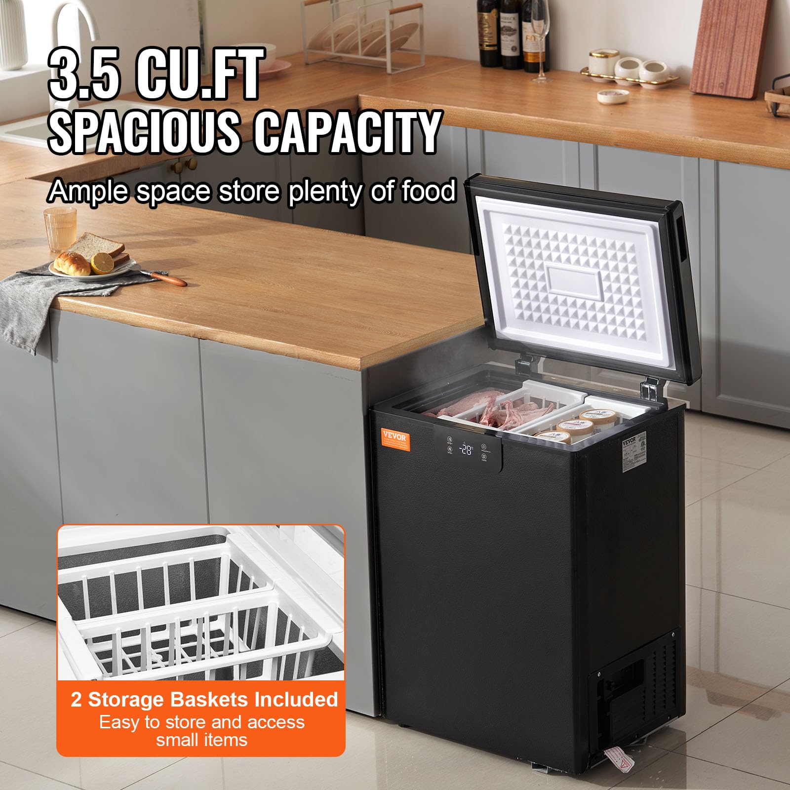 VEVOR 3.5 Cu.ft Compact Chest Freezer - Energy Efficient Deep Freezer with Adjustable Thermostat, 2 Removable Baskets & Low Noise Design - Perfect for Home, Garage, Basement or Small Business Storage (Black)