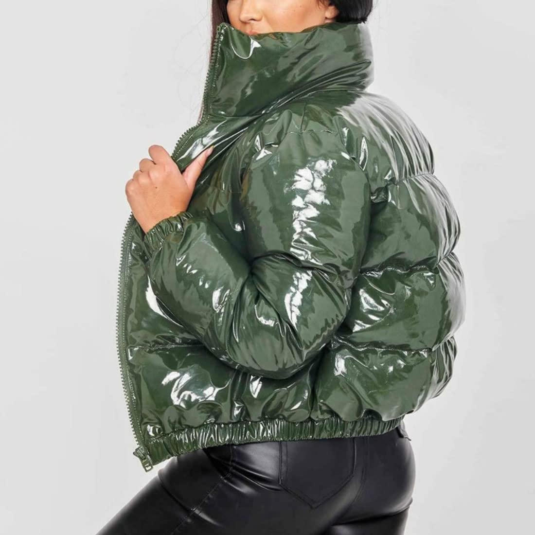 ONLYWOOD Women's Winter Metallic Cropped Puffer Jacket - Warm Cotton-Padded Bubble Coat for Cold Weather, Fashion Outerwear for Street Style and Casual Outings