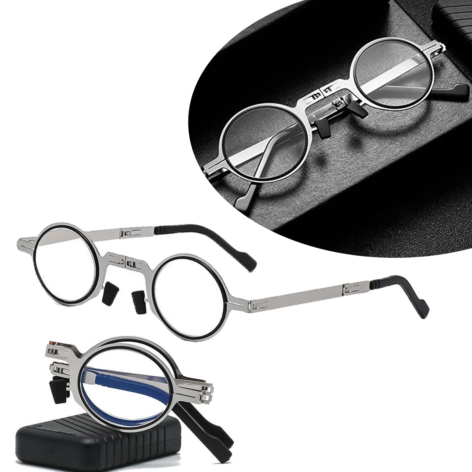 Ultra Lightweight Titanium Folding Reading Glasses for Men & Women - Anti Blue Light Computer Glasses +1.00 Magnification, Round Frame - Perfect for Office Work, Screen Time & Travel