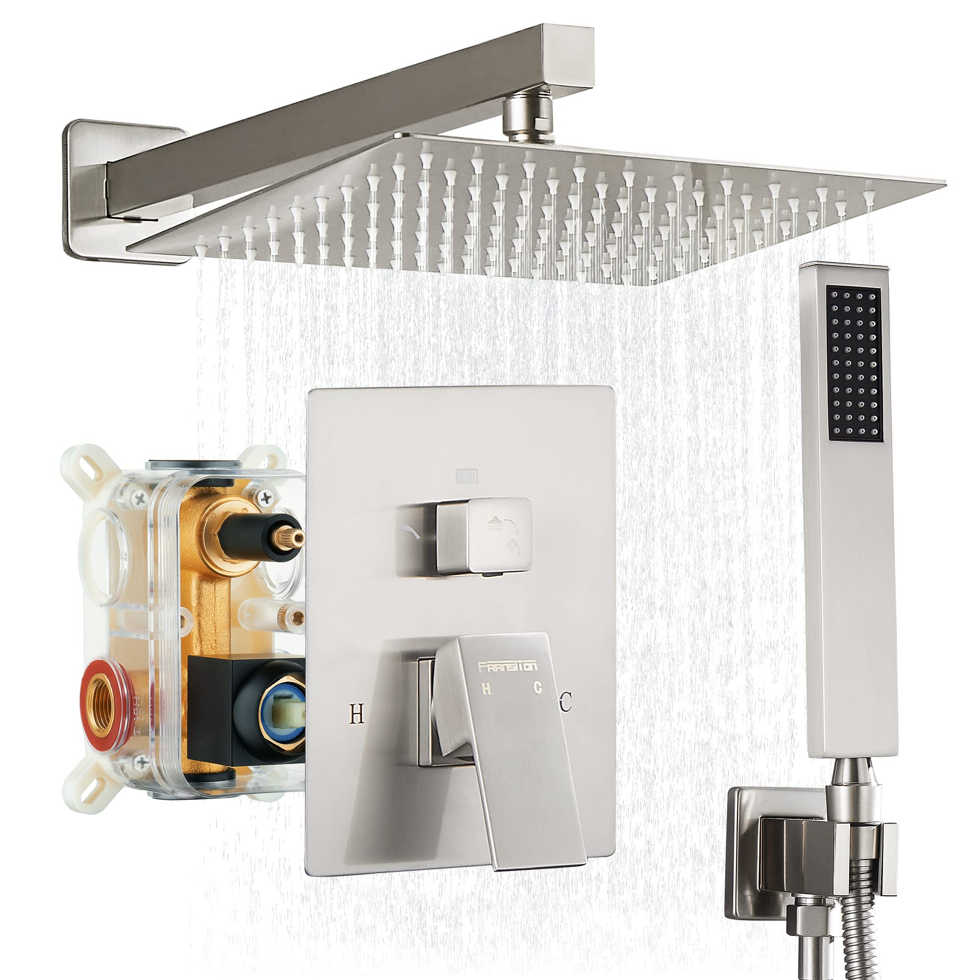 Fransiton 12 Inch Brushed Nickel Ceiling Mount Rain Shower System Set with Handheld Shower Head - Complete Bathroom Shower Kit Including Brass Valve & Trim - Perfect for Luxury Spa-Like Experience in Master Bathrooms