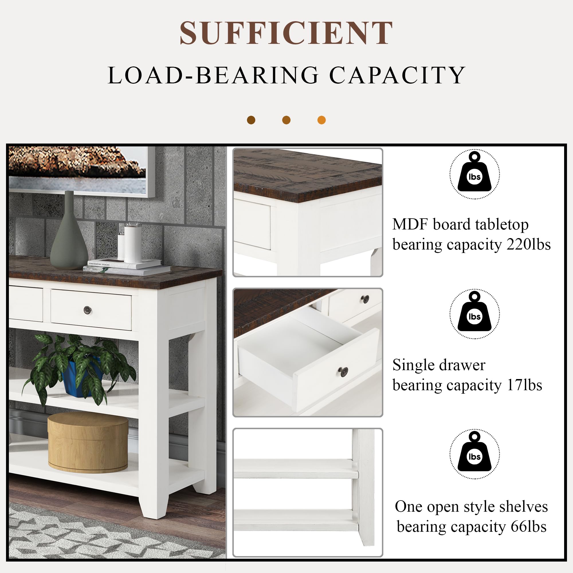 INMOZATA 48 Inch Modern Console Sofa Table with 3 Drawers & 2 Shelves - Antique White Buffet Cabinet Entryway Table for Living Room, Dining Room & Kitchen - Perfect for Hallway Decor, Sofa Back Display & Dining Room Storage