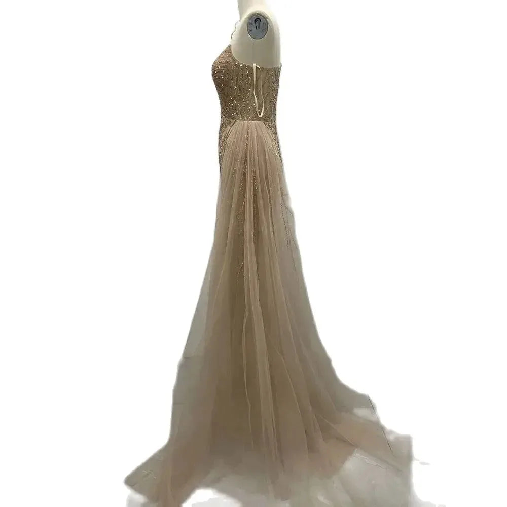 Elegant Nude Arabic Evening Dress with Side Train & One Shoulder Mermaid Style for Women's Formal Prom, Wedding & Party Gowns - Perfect for Red Carpet Events, Galas & Special Occasions 2025 LA72442