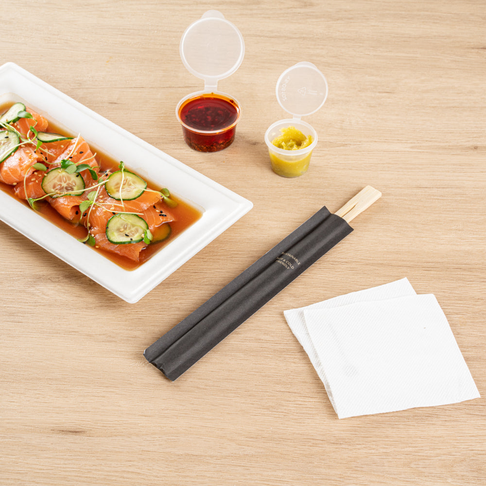 Natural Bamboo Twin Chopsticks with Paper Sleeve - 100 Count Box - Eco-Friendly Disposable Chopsticks for Sushi, Asian Cuisine & Takeout Meals