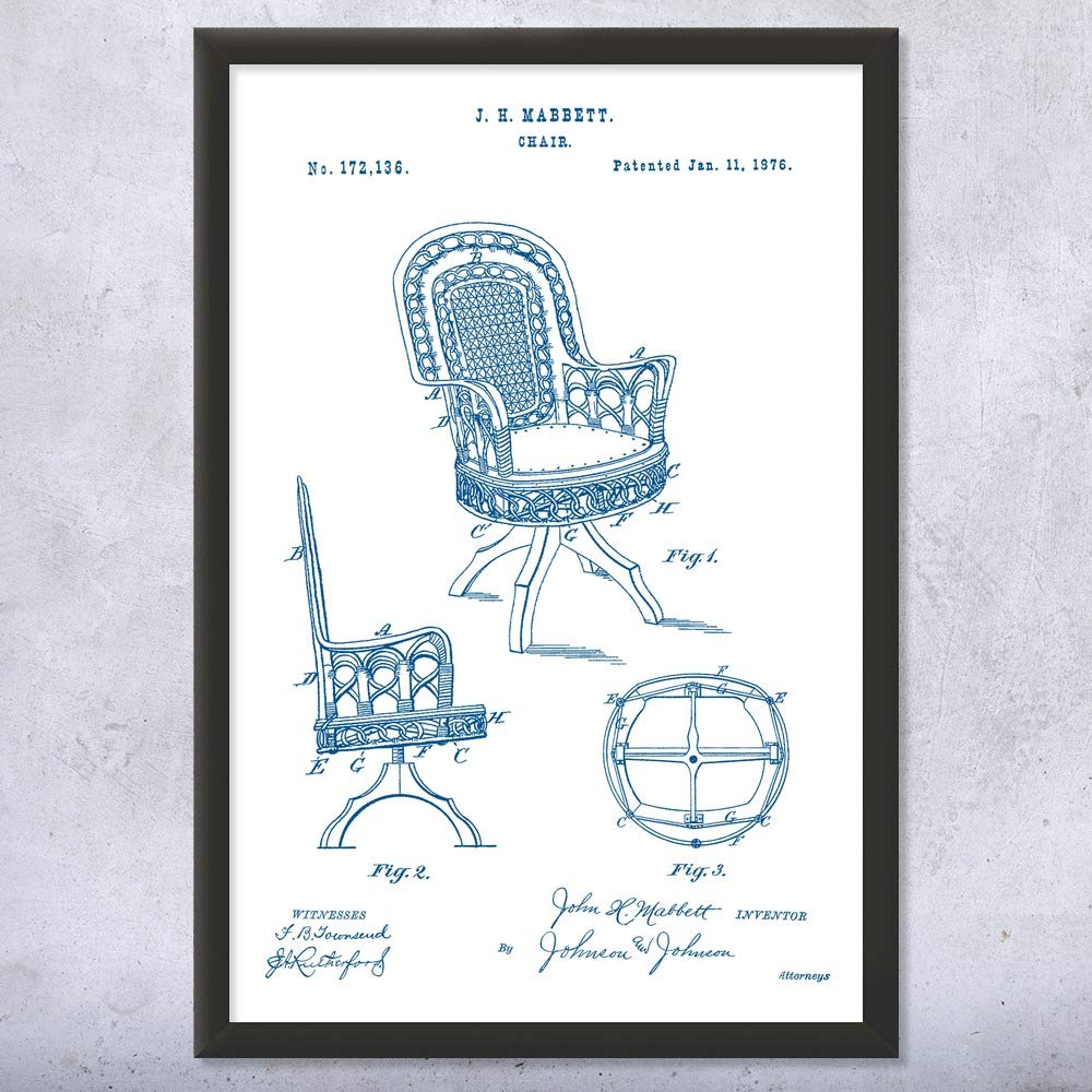 Vintage Framed Rattan Chair Print - Blue & White Wicker Chair Artwork (12x16) - Perfect for Home Decor, Collector's Gift & Patio Furniture Accent - Ideal for Living Rooms, Bedrooms or Outdoor Spaces