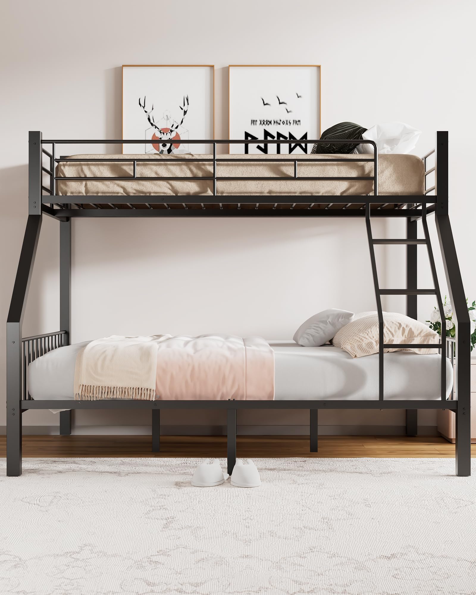 Twin XL Over Queen Bunk Bed - Heavy Duty Metal Frame with Safety Ladder & Full Guardrails - Sturdy Slat Support for Adults, Teens & Kids - Space Saving Black Bunk Bed for Dorms, Guest Rooms & Small Apartments
