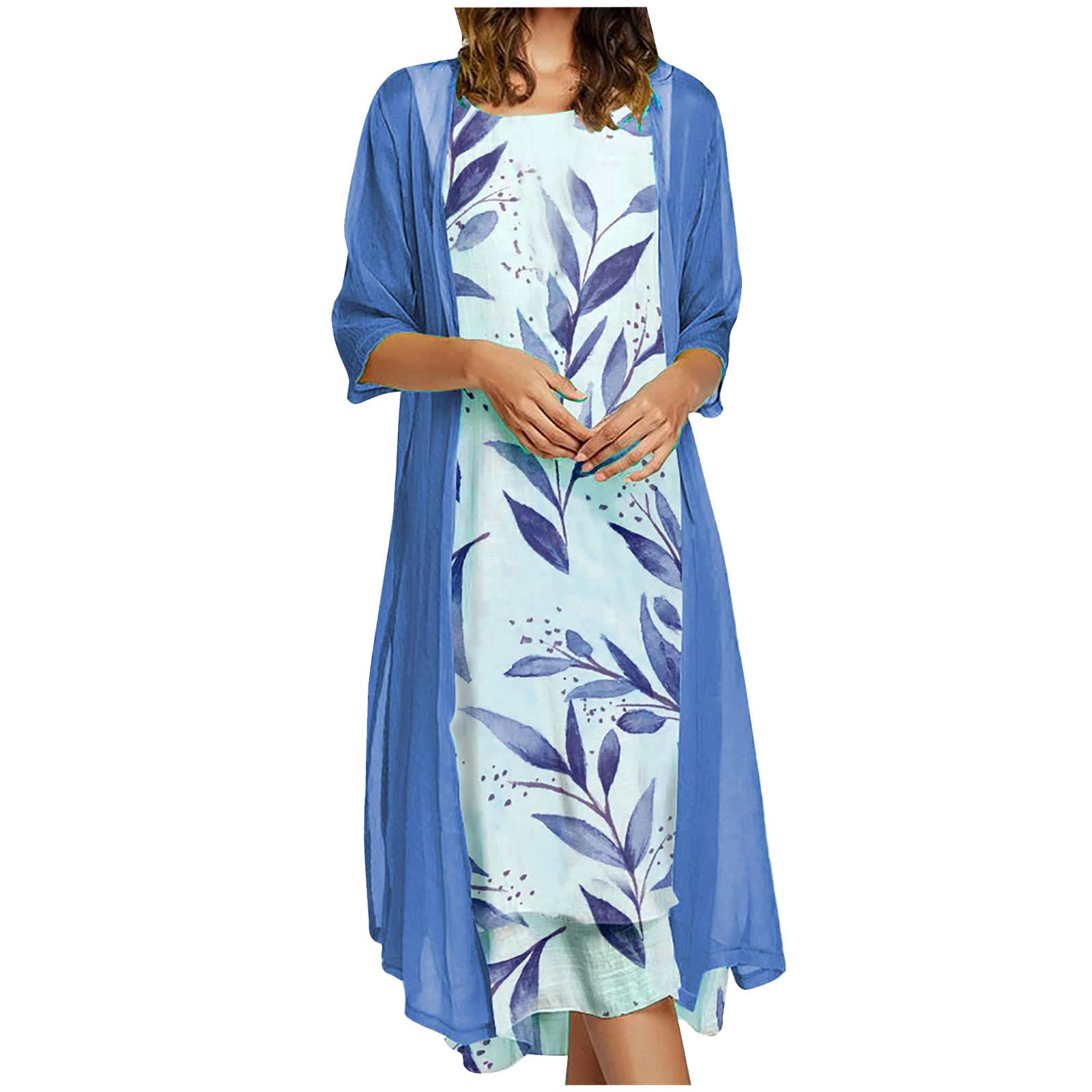 KUIOLYPOER Women's Summer Two Piece Chiffon Dresses - Plus Size Vacation Outfit, Beach Crewneck Sleeveless Elegant Midi Dress for Casual Wear, Date Night & Tropical Getaways
