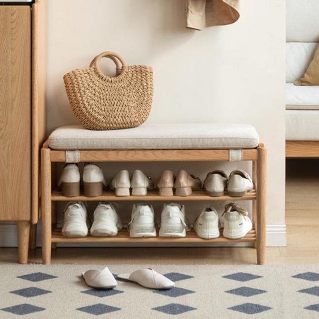 Solid Oak Wood Modern Shoe Bench - Sturdy Entryway Shoe Storage Stool for Hallway, Bedroom & Mudroom Organization