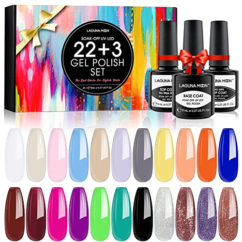 Lagunamoon 25 Pcs Gel Nail Polish Set - 8ml Soak Off UV LED Nail Polish Kit with Neon Blue, Green, Yellow & Glitter Colors, Glossy & Matte Top Base Coat | DIY Manicure Starter Kit for Salon & Home Use | Perfect for Nail Art, Parties, Gifts & Professional Nail Care