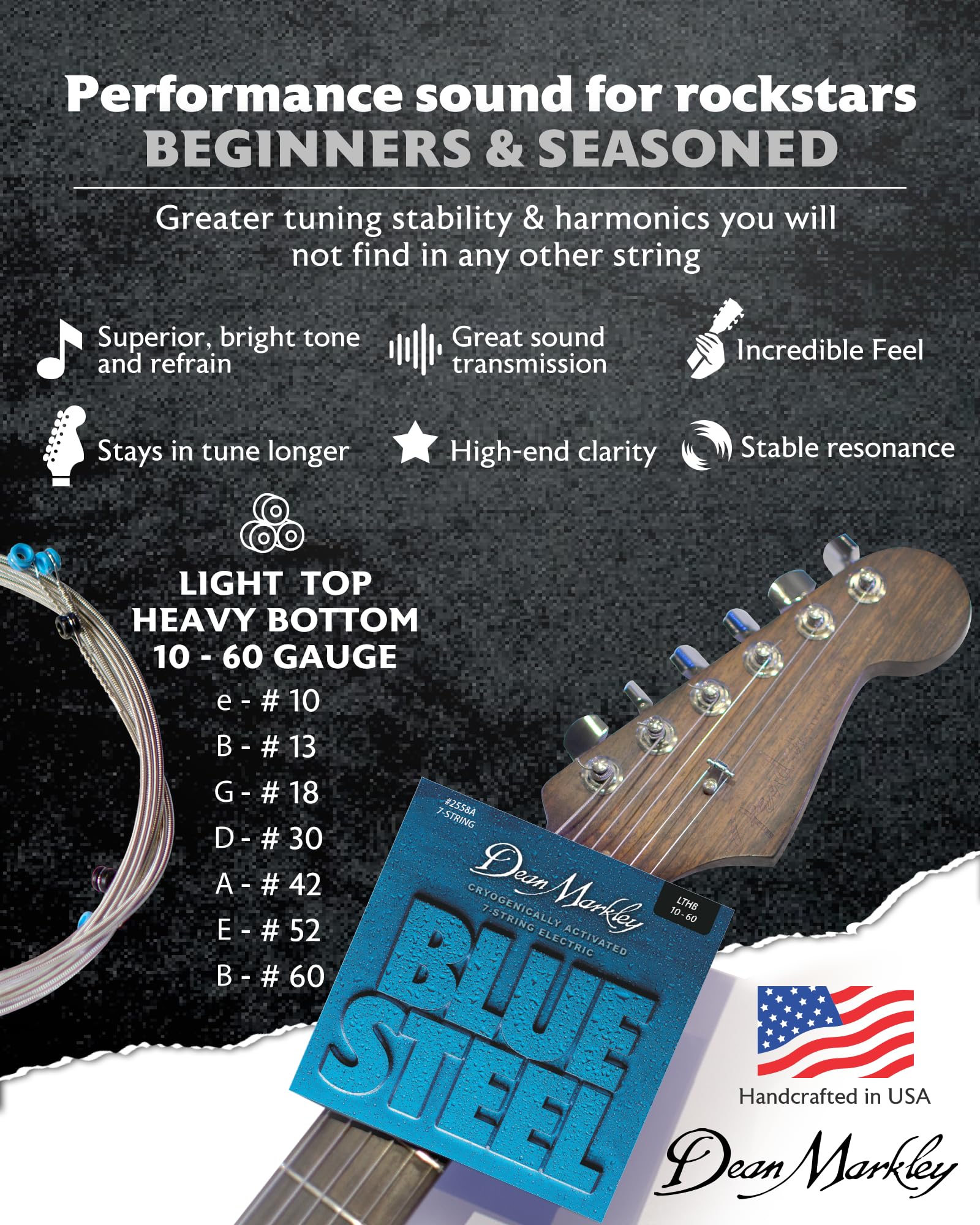 DEAN MARKLEY 2558A Blue Steel Electric Guitar Strings - 7-Piece Set | Cryogenically Treated for Extended Durability, Enhanced Performance & Superior Tone | Made in USA (10-60 Gauges) | Perfect for Rock, Blues & Live Performances