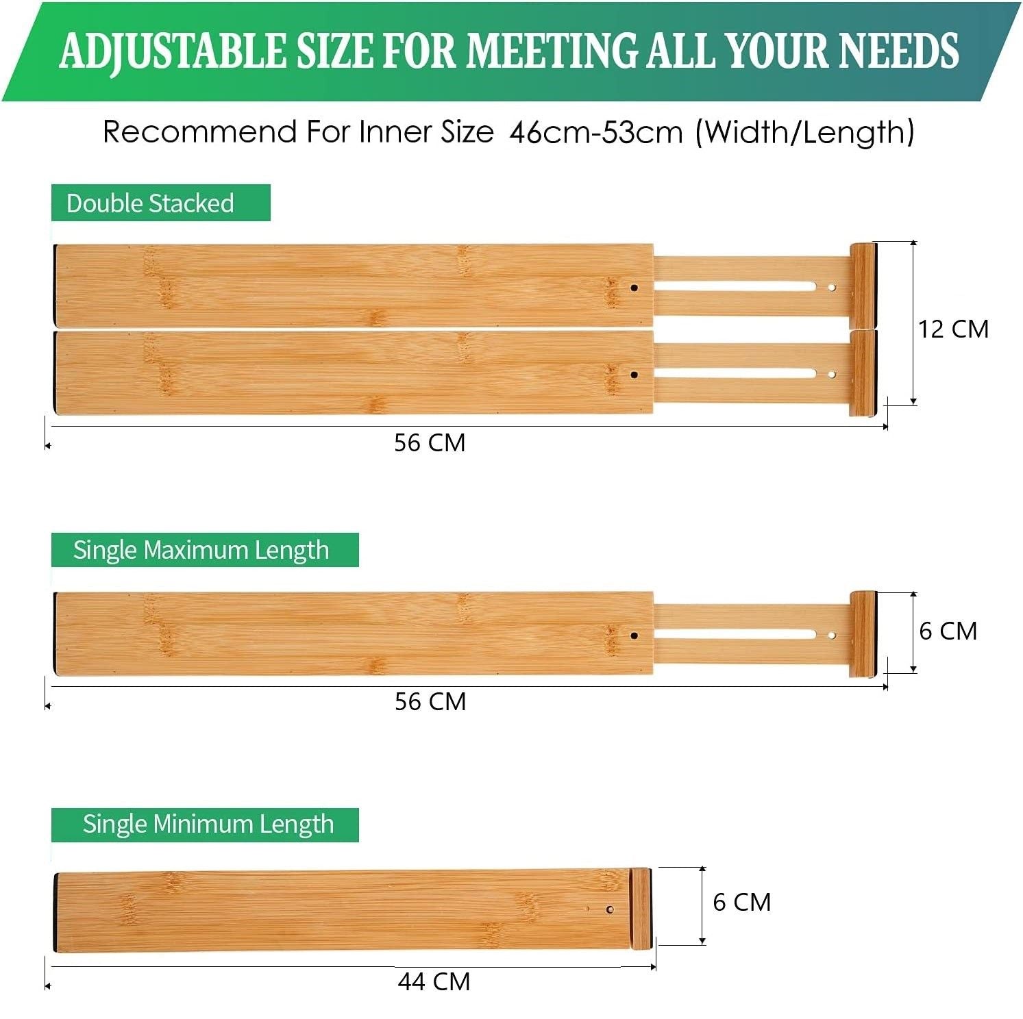 12 Pack Bamboo Adjustable Kitchen Drawer Organizers - Large Size (44-55cm) for Utensils, Spices & Cutlery - Perfect for Pantry, Office & Bathroom Storage