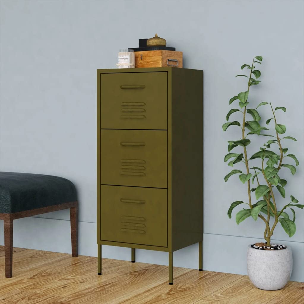FAMIROSA 3-Drawer Metal Storage Cabinet - Tall Dresser Organizer with 4 Legs for Office & Home - Olive Green | Perfect for Bedroom Closet, Garage Organization & Office Supplies Storage