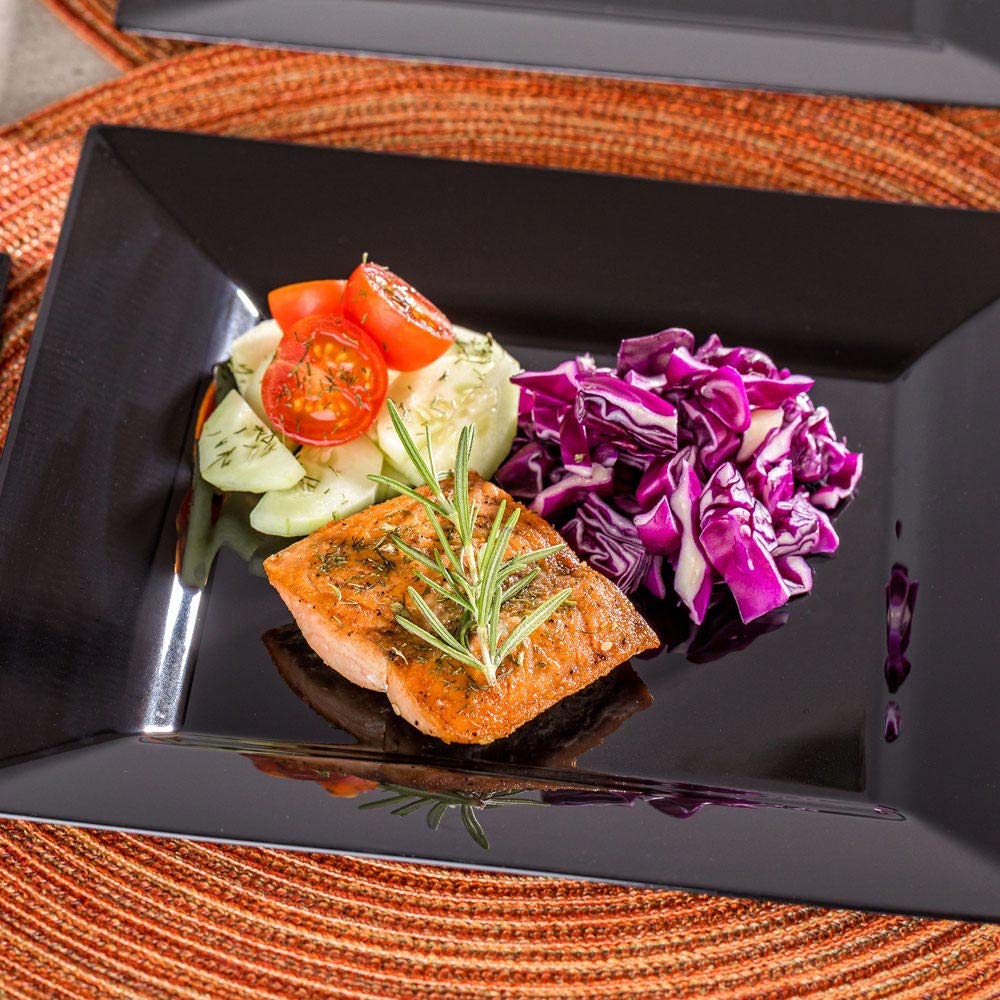 Restaurantware 9.5 x 9.5 Inch Large Disposable Square Plastic Dinner Plates - 100-Pack Durable Stylish Black Hors D'oeuvre Serving Plates for Desserts, Appetizers, Parties & Catering Events | Perfect for Weddings, BBQs & Buffet-Style Dining