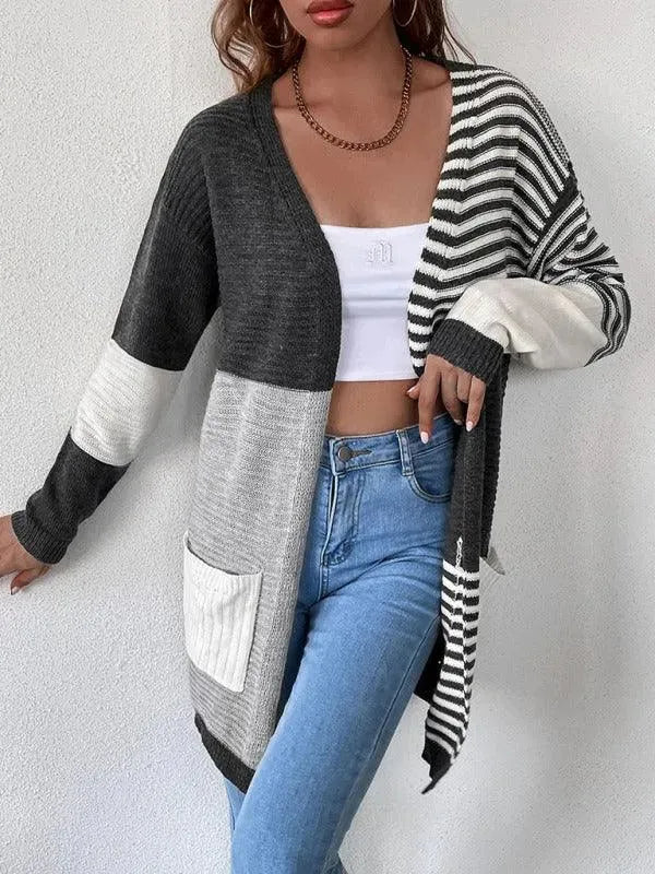 Women's Striped Patchwork Cardigan Sweater - Cozy Knit Pullover for Casual Outfits & Fall Layering