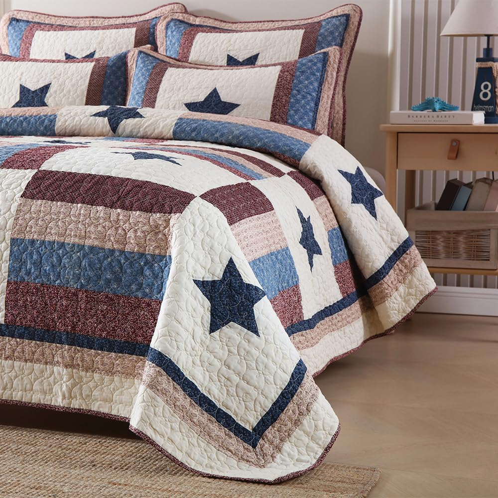 3-Piece Cotton Reversible Quilt Set - All Season King Size Bedspread with Mediterranean Star Pattern for Boys | Soft & Breathable Bedding for Kids' Room, Guest Bed, Dorm