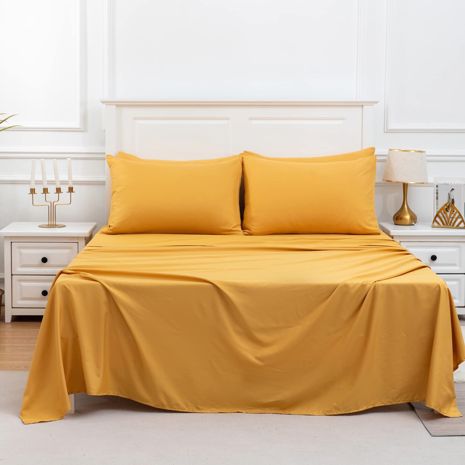 Overket Queen Sheet Set - 6PC Ultra Soft 1800 Series Luxury Cooling Bed Sheets - 100% Breathable Microfiber, Wrinkle Free - Queen Size Yellow | Perfect for Hot Sleepers & All-Season Comfort