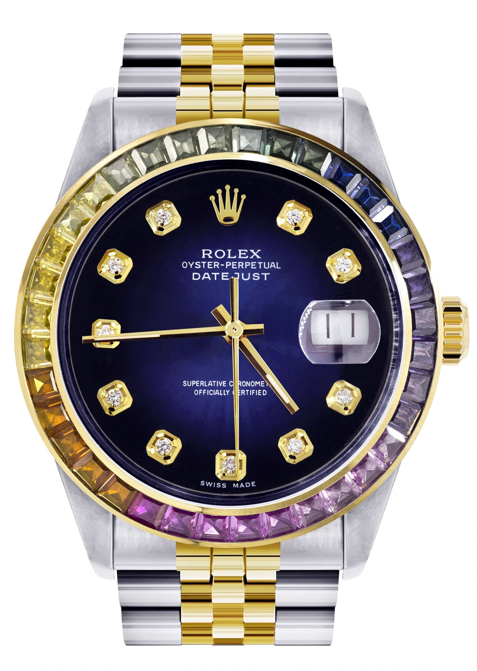 Luxury Diamond Gold Rolex Watch For Men 16233 | 36mm Stainless Steel | Rainbow Sapphire Bezel | Blue Black Dial | Jubilee Bracelet | Perfect for Business, Gifting & Special Occasions