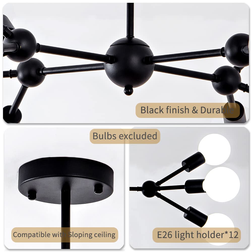 Modern Black Sputnik Chandelier - 12-Light Metal Ceiling Fixture with Pendant Lighting for Bedroom, Living Room, Dining Room | Stylish Mid-Century Lighting for Home & Office Decor