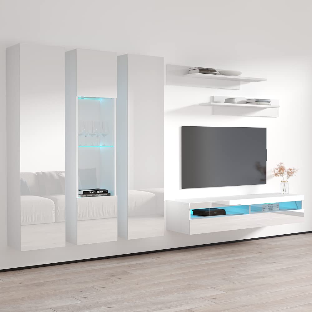 Modern White Wall-Mounted TV Stand with Storage Shelves & LED Lights - 35