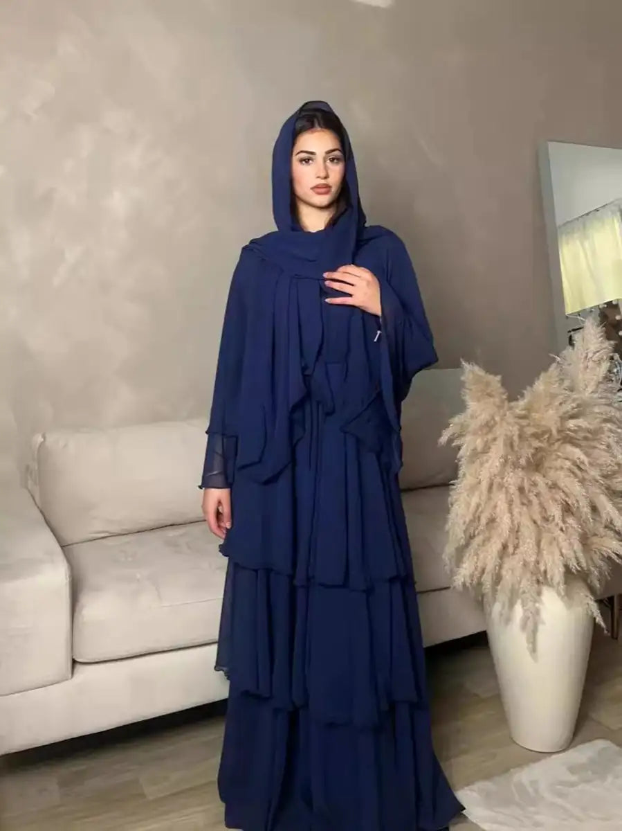 3 Layer Chiffon Muslim Mother Daughter Matching Abaya Dress with Hijab Scarf - Elegant Islamic Clothing for Women & Girls, Perfect for Eid, Prayer, Wedding & Special Occasions