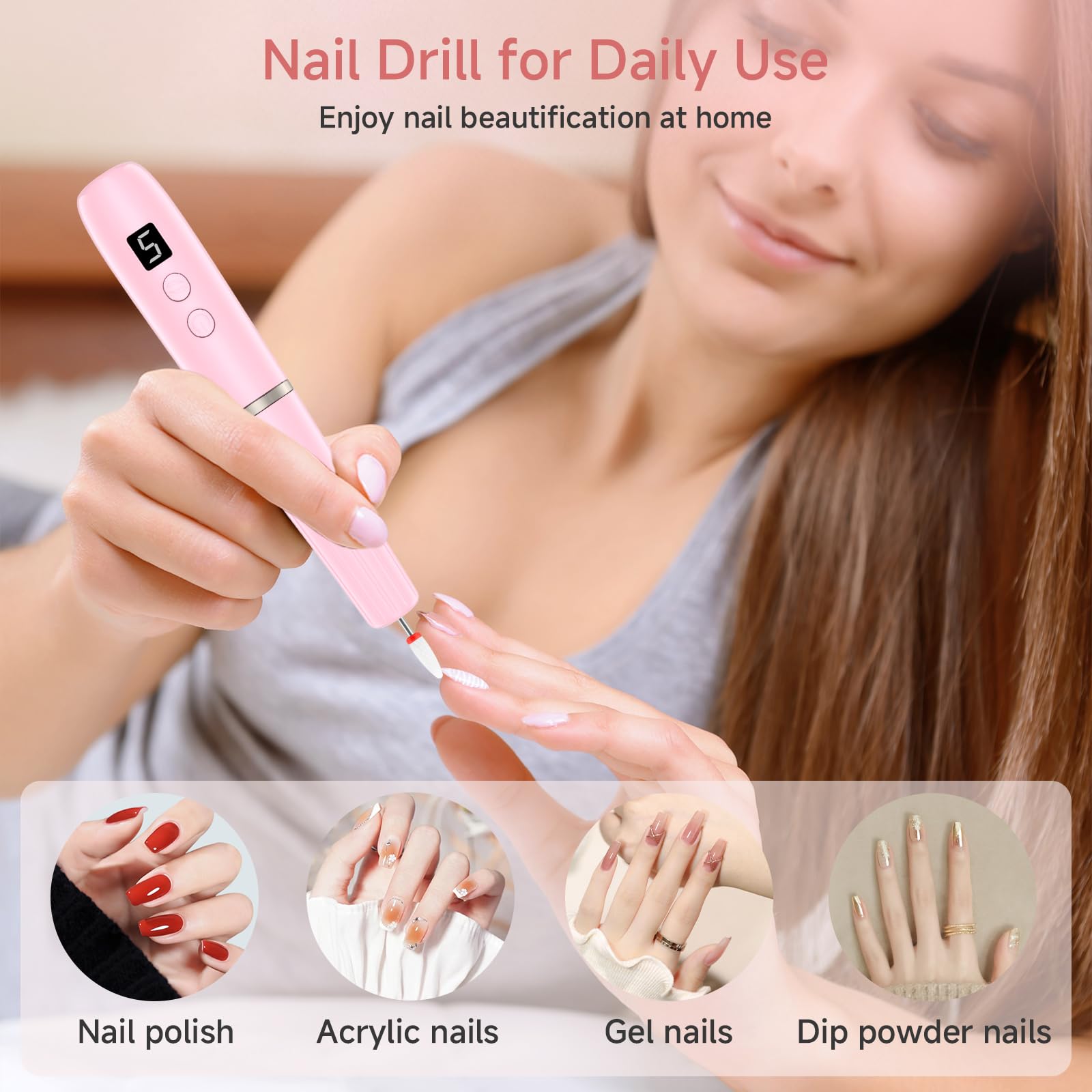 Professional Rechargeable Electric Nail Drill Kit - Cordless Nail Filer for Acrylic & Gel Nails | Manicure & Pedicure Set for Beginners & Professionals | Perfect for Home Salon, Nail Art & DIY Nail Care (Pink)