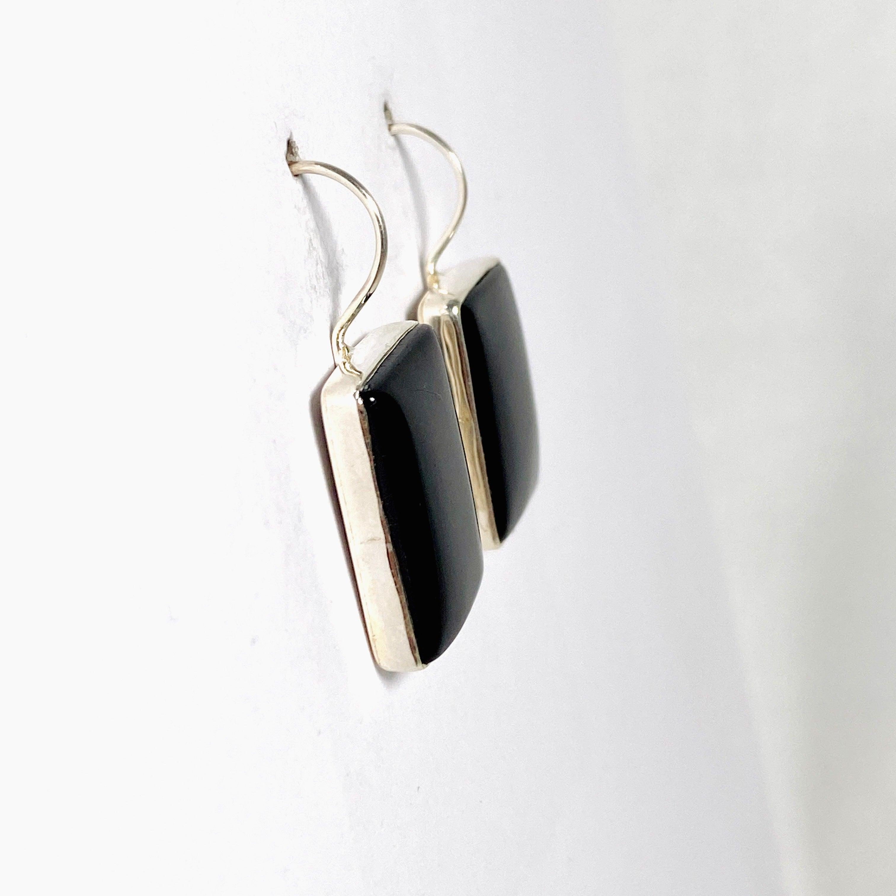 Midnight Obsidian Rectangular Hook Earrings for Women - Elegant Black Gemstone Jewelry for Parties, Weddings & Evening Events - KEGJ1351
