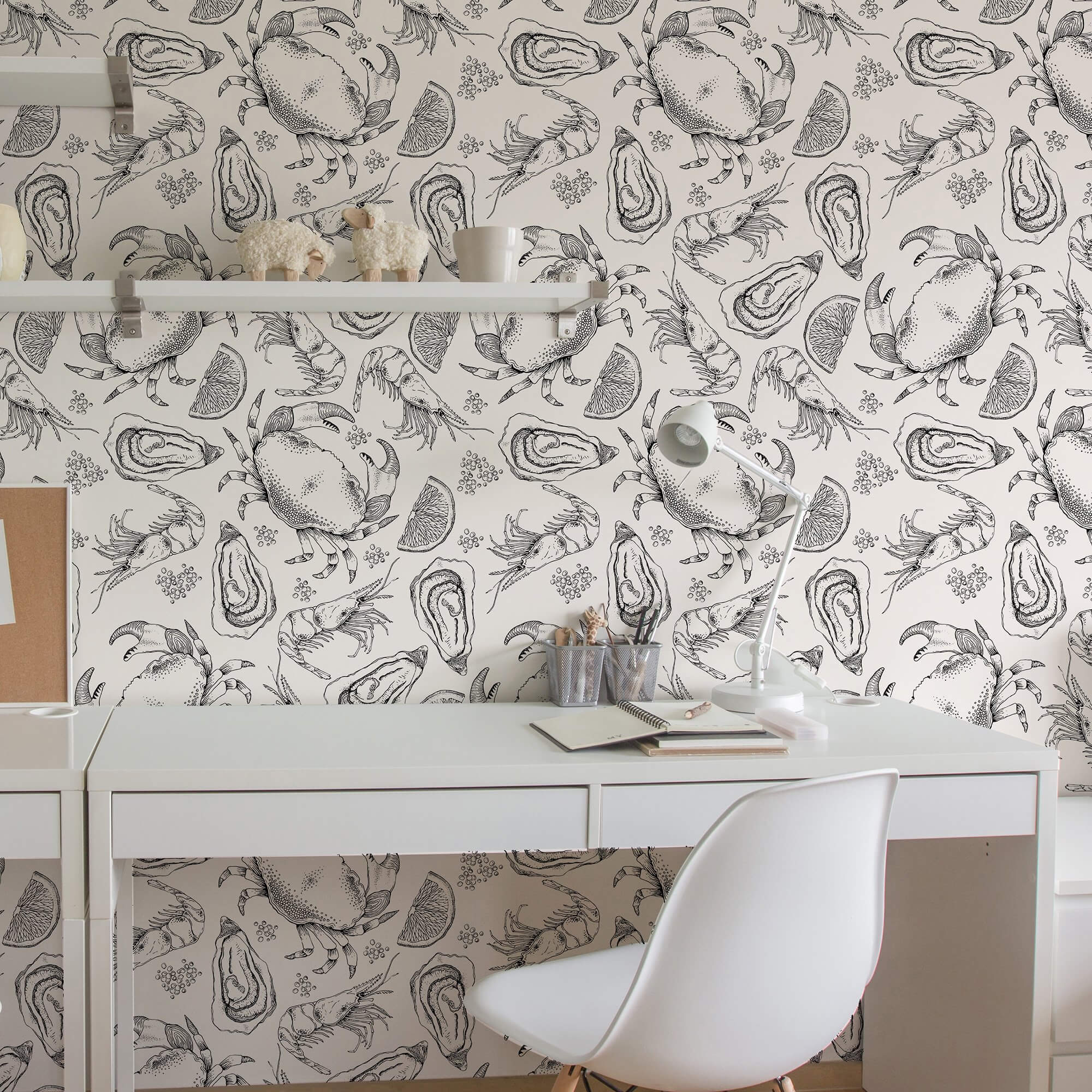 Black and White Fish Nautical Peel and Stick Removable Wallpaper - Self-Adhesive Decorative Wall Mural for Bathroom, Nursery, or Coastal-Themed Home Decor
