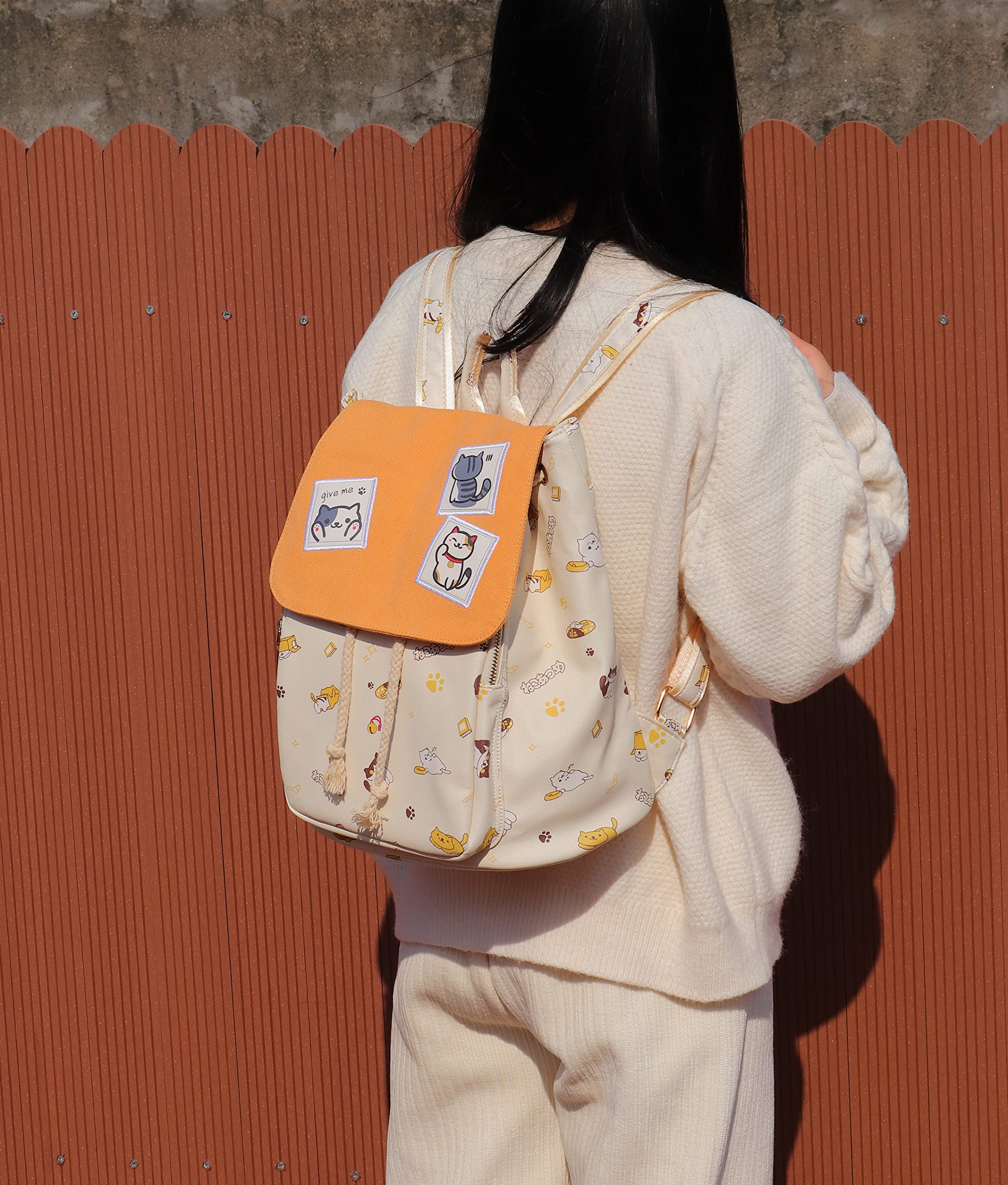 Cute Anime Neko Atsume Cat Backpack for Women - Flap Canvas Drawstring Daypack - Perfect for School, Travel & Cosplay | Roffatide