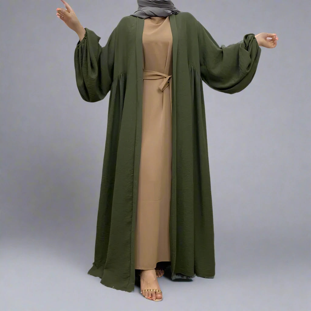 Elegant Elastic Puff Sleeve Muslim Women's Cardigan Open Abaya Dress - Modest Islamic Fashion for Prayer, Home & Special Occasions