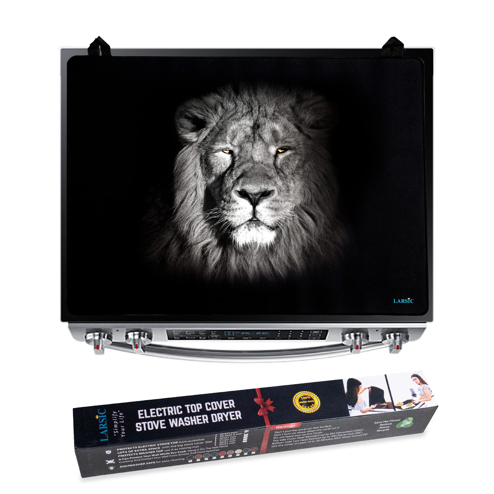 Larsic Stove Cover - Non-Slip Waterproof Electric Stove Protector for Washer Dryer Top, Foldable Scratch-Resistant Kitchen Organizer (28.5x20.5 Inches, Lion Print) - Perfect for Small Apartments & RV Cooking Spaces