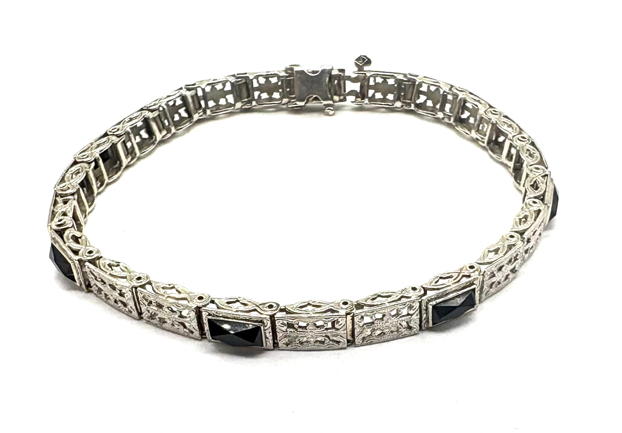 14K White Gold Black Onyx Rectangle Cutout Bracelet for Women - Elegant Stackable Bangle Jewelry for Parties, Weddings & Everyday Wear