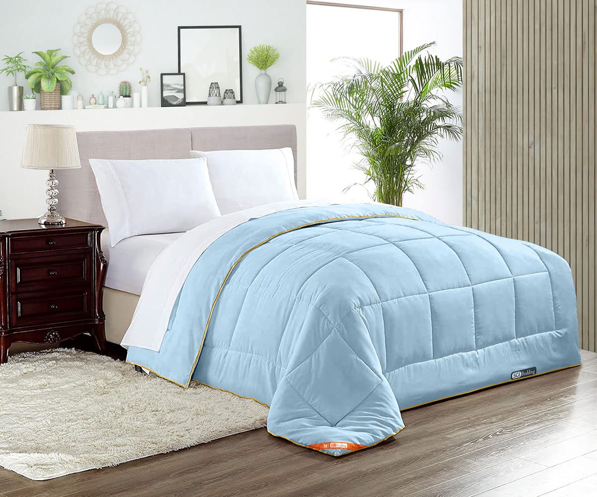 Premium Oversized King Comforter Set - 300 GSM Plush Siliconized Microfiber Fill with 1000 TC Egyptian Cotton Cover | Light Blue Solid Duvet Insert with Piping & Matching Pillowcases | Ultra Soft & Fluffy Bedding for Luxurious Hotel-Style Comfort in Master Bedrooms