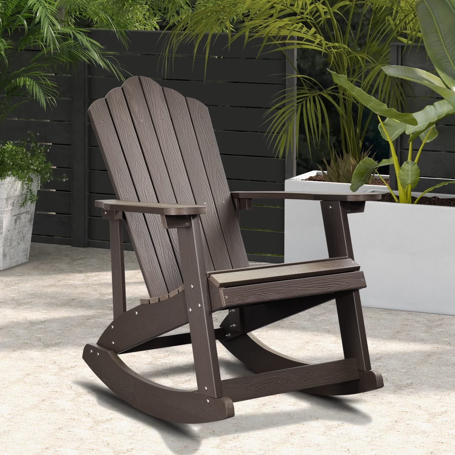 **XIZZI Classic Weather-Resistant Adirondack Rocking Chair - Outdoor Patio Chair for Deck, Garden & Backyard - Real Wood Look - Brown - Perfect for Relaxing on Porch, Poolside or Firepit Gatherings**