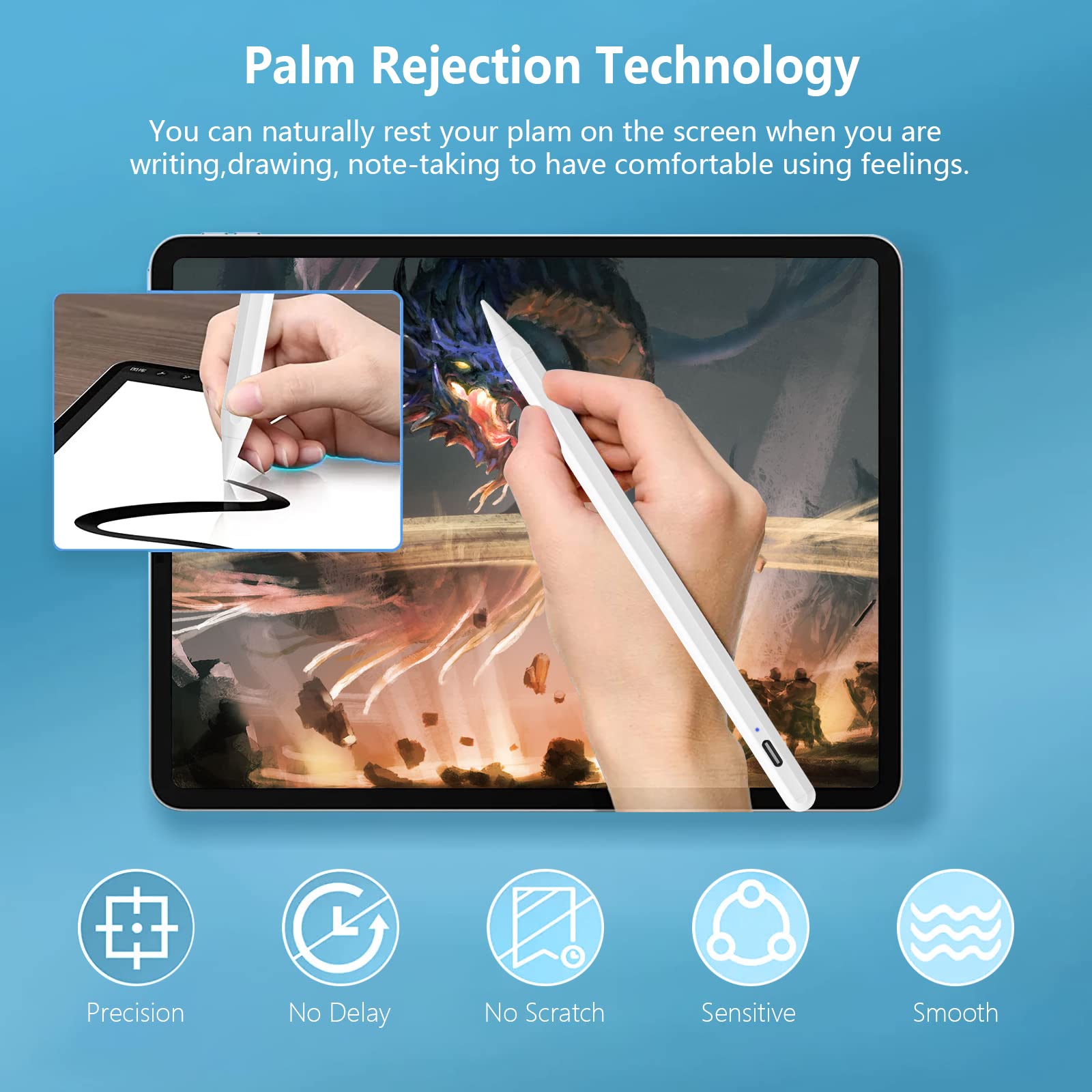 Fast Charging Stylus Pen for Apple iPad (2018-2024 Models) - Palm Rejection, Instant Response, Tilt Detection - Compatible with iPad 10/9/8/7/6, iPad Pro 12.9/11, Air 5/4/3, Mini 6/5 - Perfect for Drawing, Note-Taking & Digital Art