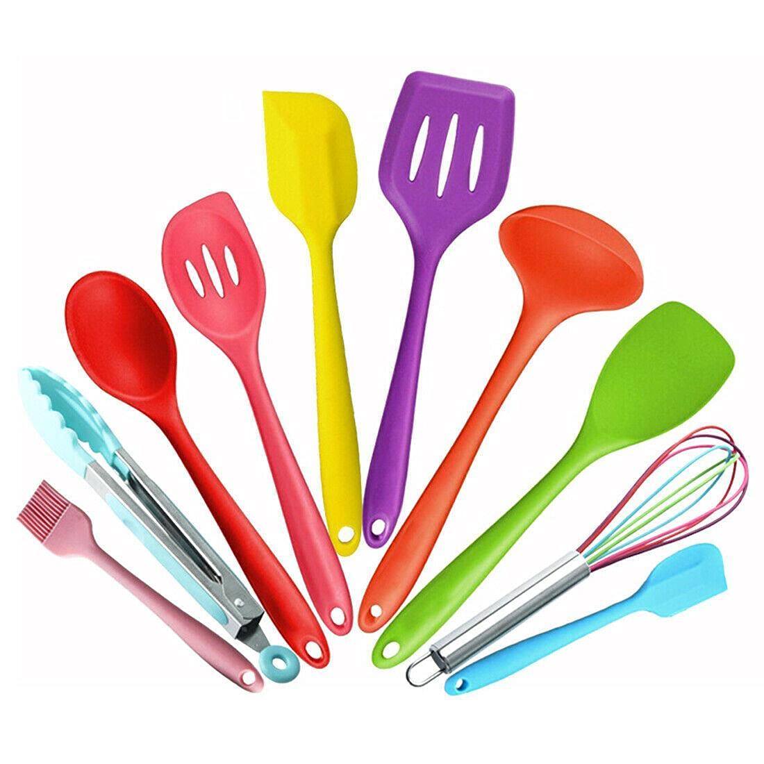 10-Piece Colorful Silicone Kitchen Utensil Set - Non-Slip Cooking Tools with Rubber Whisk, Hand Mixer & Kitchen Gadgets - Perfect for Baking, Cooking & Food Prep - Durable Kitchenware Accessories for Home Chefs