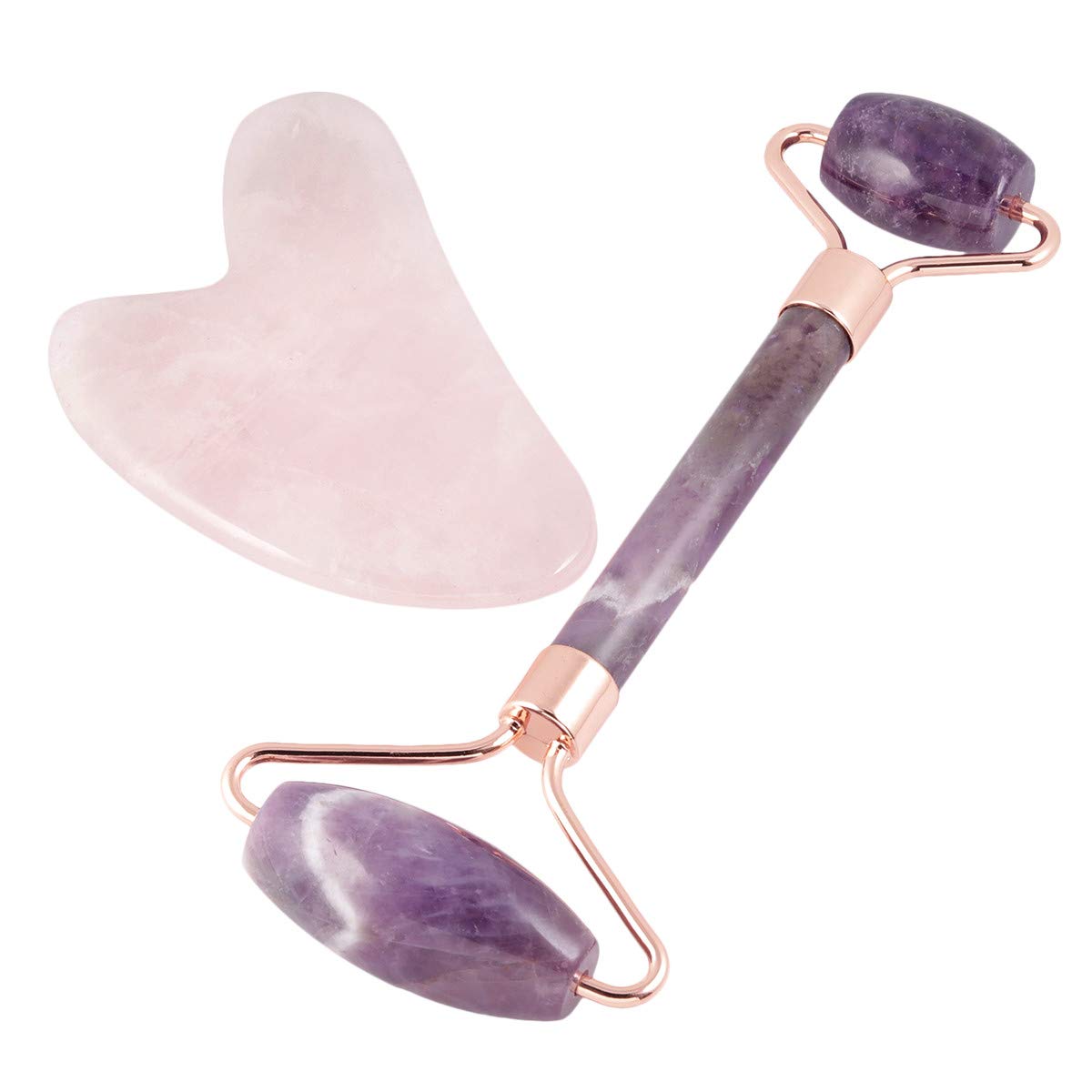 mookaitedecor Amethyst Roller & Rose Quartz Gua Sha Facial Massage Set - Anti-Aging Face Tool for Wrinkles Reduction, Skin Tightening and Lymphatic Drainage | Perfect for At-Home Spa, Self-Care Routine and Skincare Regimen