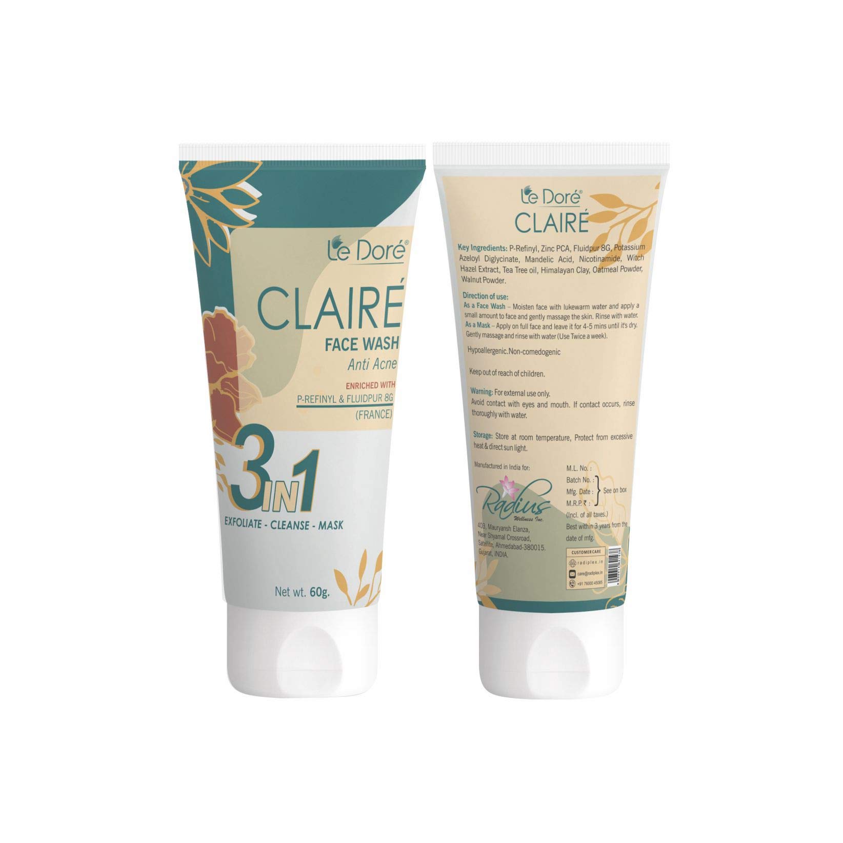 Le Dore Claire 3-in-1 Anti-Acne Clay Face Wash with Zinc PCA, Witch Hazel & Tea Tree Oil - Deep Cleansing, Reduces Breakouts & Blemishes, Rejuvenates Skin - 60g for Oily, Acne-Prone & Sensitive Skin | Perfect for Daily Skincare Routine & Post-Workout Cleansing