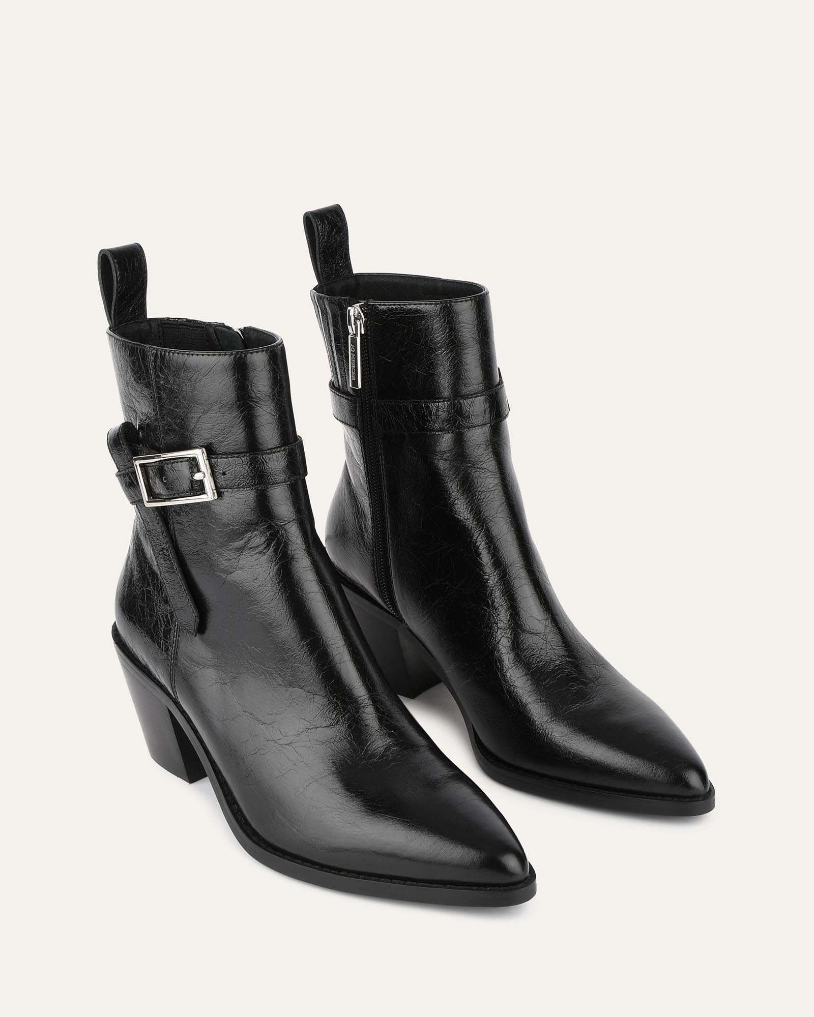 ZENA Women's Mid Ankle Boots Black Crinkle Leather - Stylish & Comfortable Boots for Fall, Winter & Everyday Wear