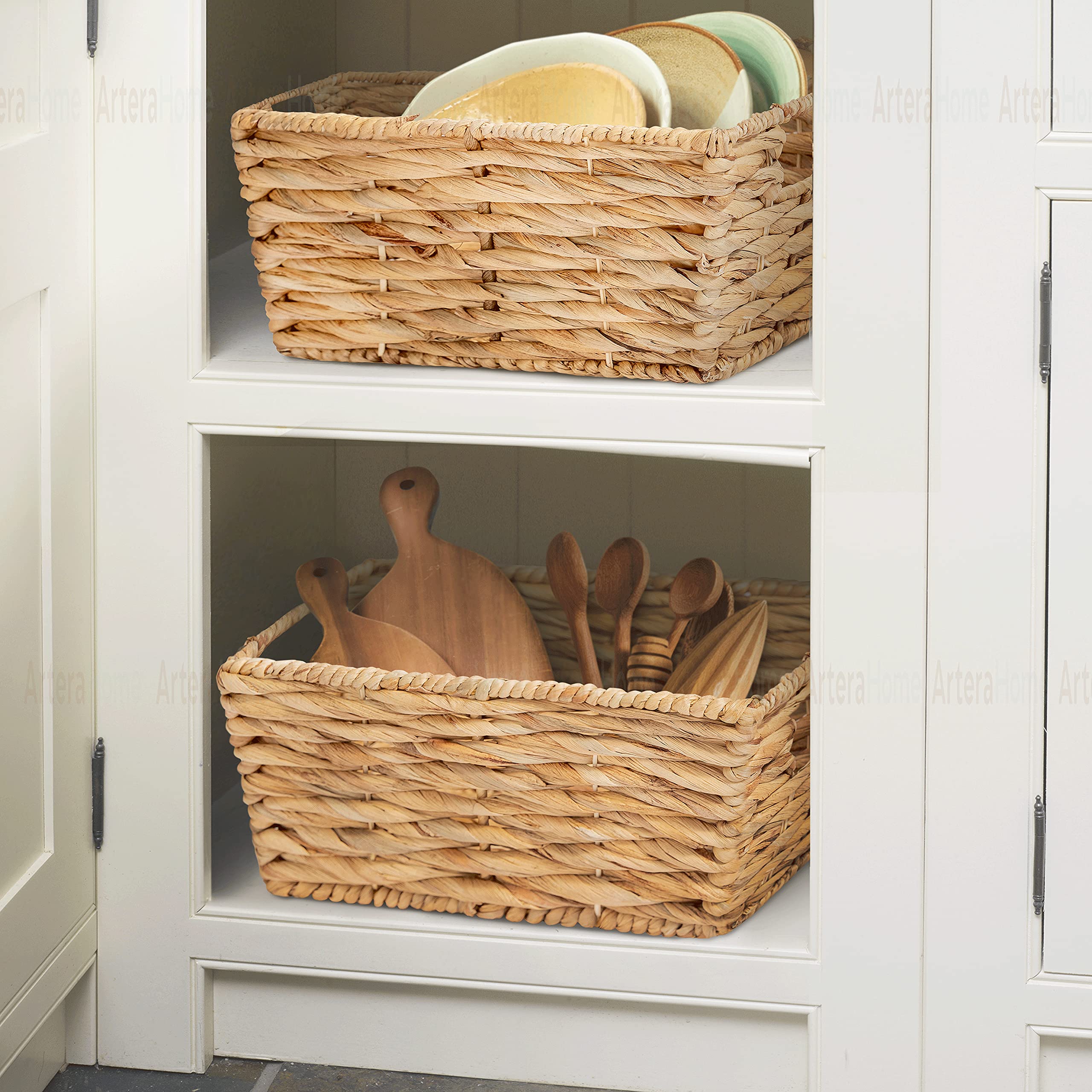Artera Wicker Storage Baskets - 4-Pack Natural Woven Hyacinth Organizer Bins with Handles, Stackable for Laundry, Bathroom, Pantry & Closet (12x9x6 Inches) | Perfect for Home Organization & Shelf Storage