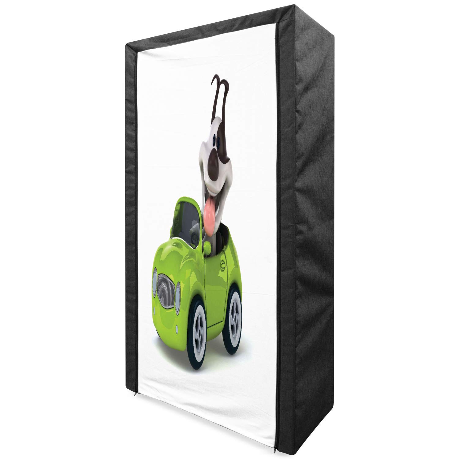 Ambesonne Dog Driver Portable Fabric Wardrobe - Fun Dog in Sports Car Design, 33.5 Inch Clothing Organizer with Shelves for Bedroom, Closet, Nursery - Lime Green Grey Brown Storage Solution for Kids & Adults