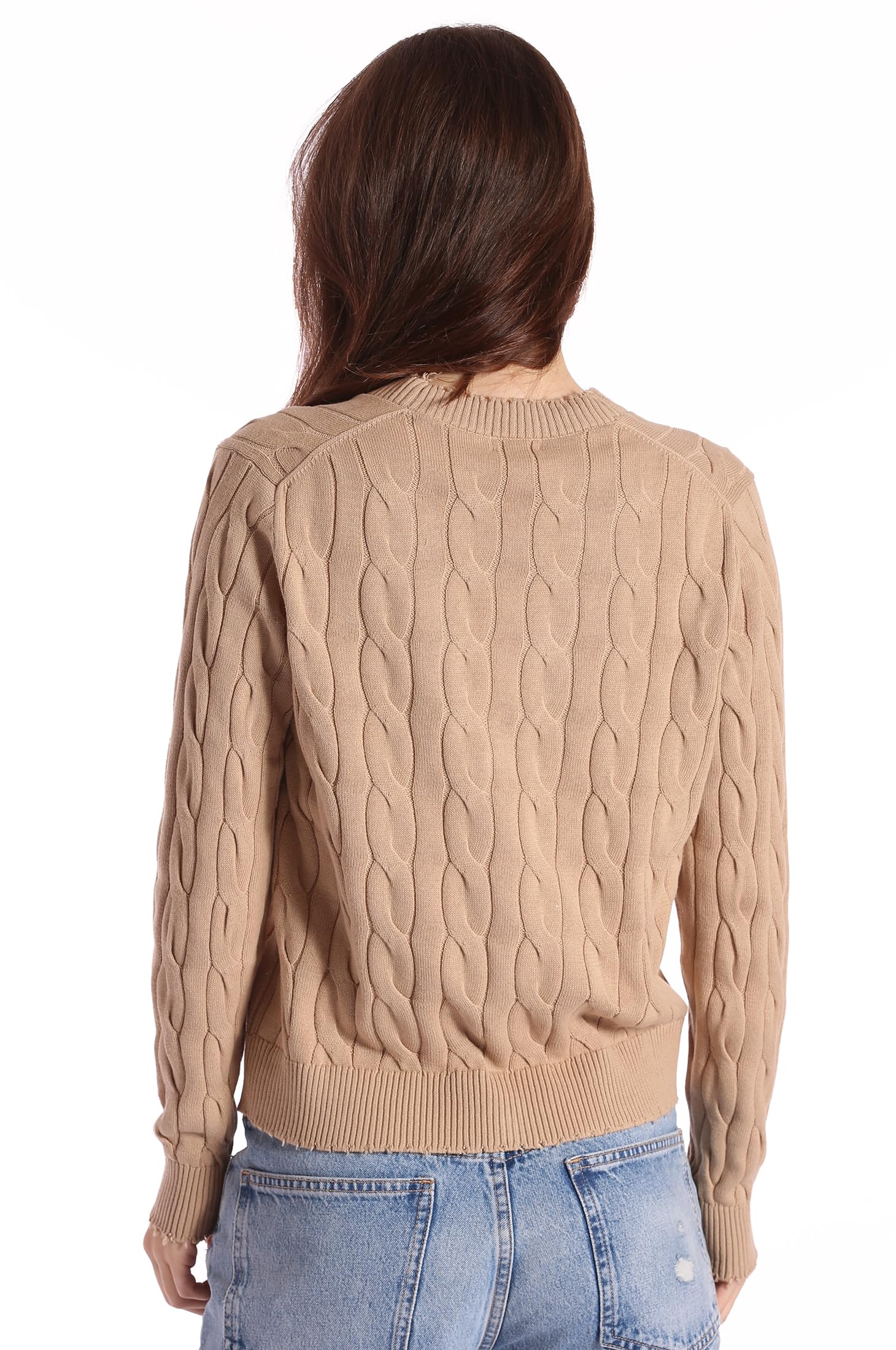 Minnie Rose Women's Long Sleeve V-Neck Cotton Cardigan Sweater with Frayed Hem - Cozy Fall Layering Piece for Work, Date Night & Casual Outfits