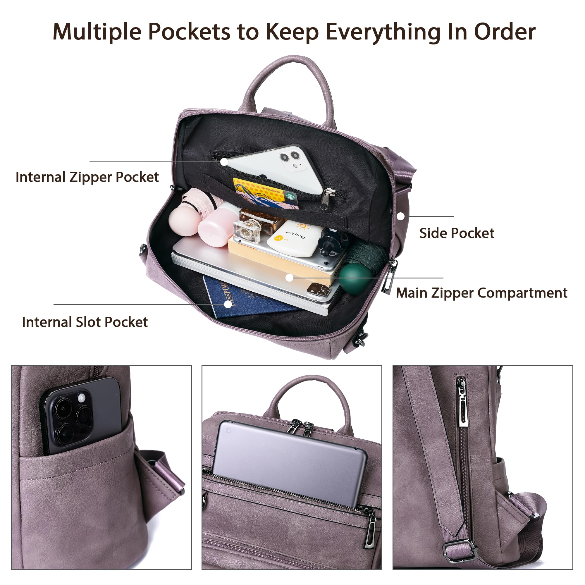 OPAGE Women's Leather Backpack Purse - Fashion Designer Travel Backpack with Shoulder Straps & Wristlet - Perfect for Work, School & Travel (Purple)