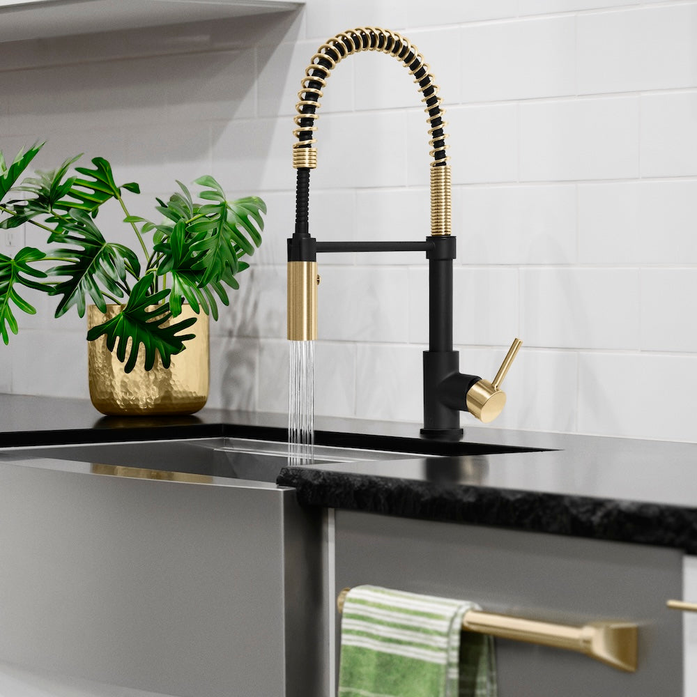 ZLINE Autograph Edition Sierra Pull Down Spring Single Handle Kitchen Faucet in Matte Black & Champagne Bronze - High Arc Commercial Style for Modern Farmhouse & Industrial Kitchens (SRA KF ZMBCB)