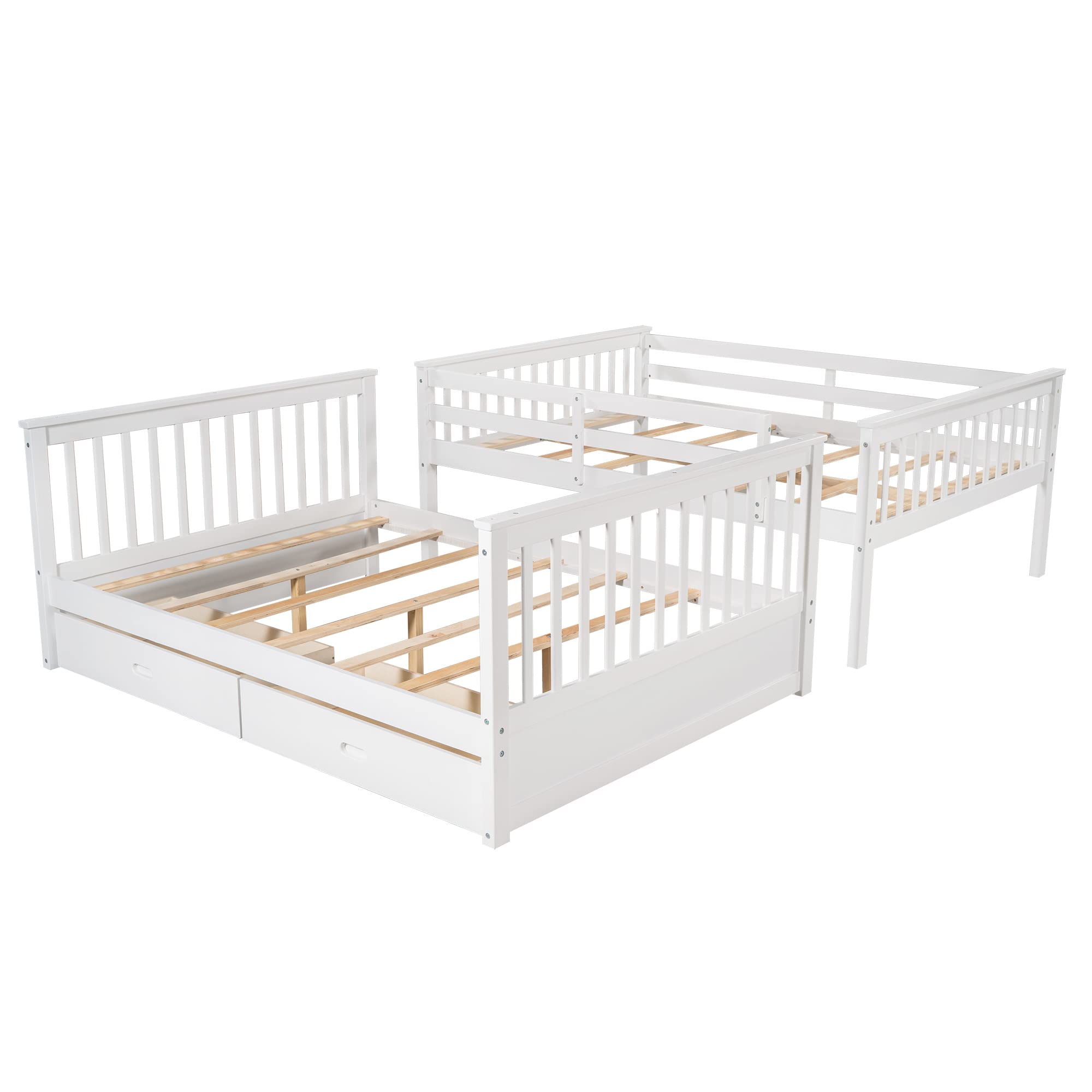 Harper & Bright Designs Full Bunk Beds with Storage Drawers - Solid Wood Detachable Full Over Full Bunk Bed Frame with Ladders & Safety Rail for Kids, Teens, Adults (White) - Perfect for Small Bedrooms, Guest Rooms & Vacation Homes