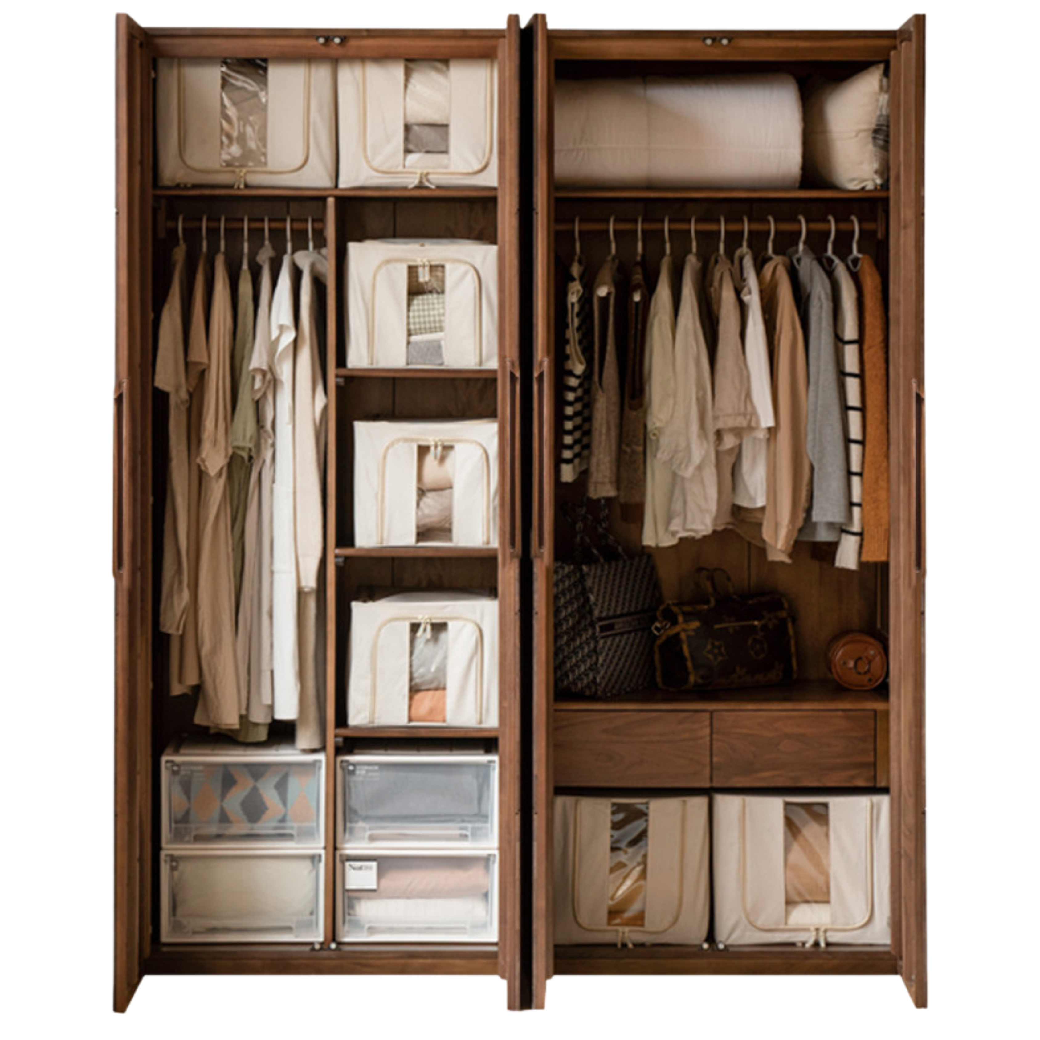 70.8x23.2x86.6 inch / 180x59x220 cm / Rich Dark Walnut color / four-door wardrobe E type